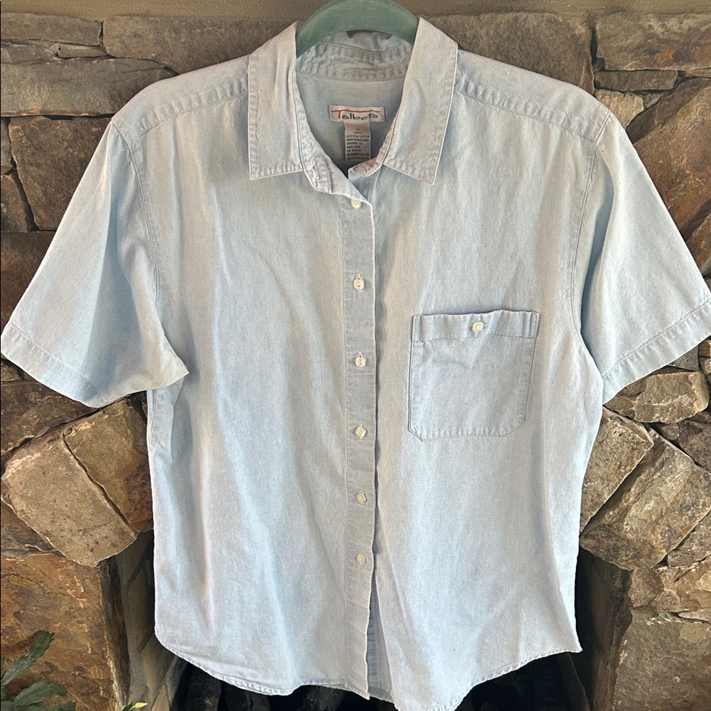 Talbots Light Blue Denim Button Down Short Sleeved Shirt with Front Pocket